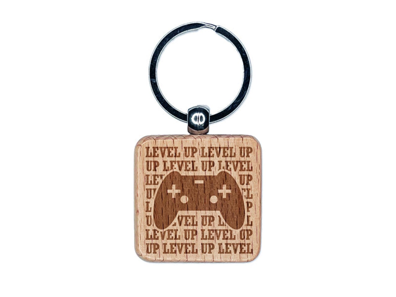 Level Up Game Controller Engraved Wood Square Keychain Tag Charm
